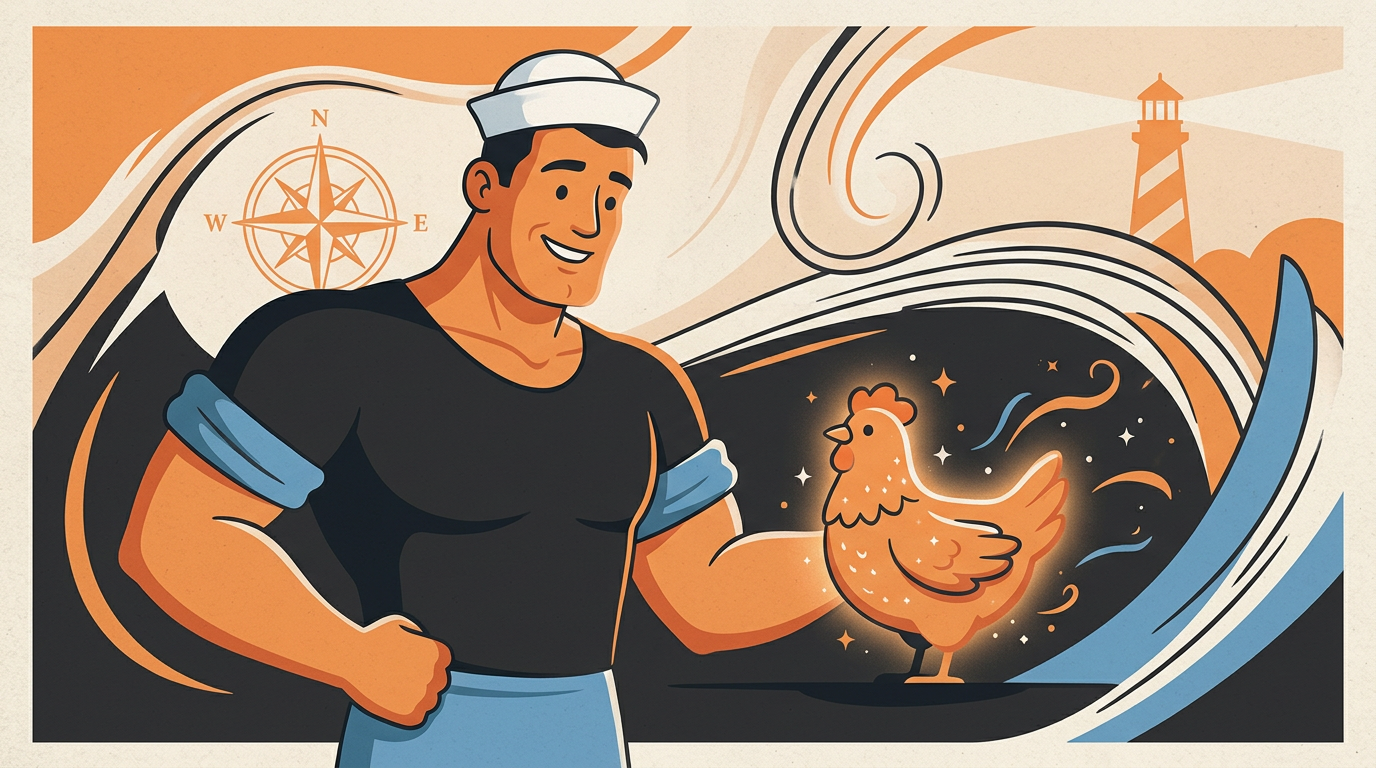 A retro comic book style illustration of a sailor standing beside a glowing, magical white chicken.