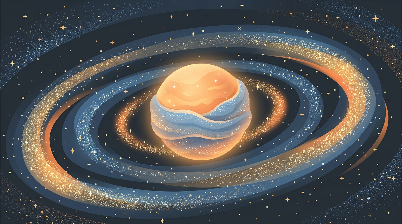 A stylized digital artwork depicting a tiny, glowing newborn planet wrapped in cosmic stardust within a swirling debris ring in outer space.