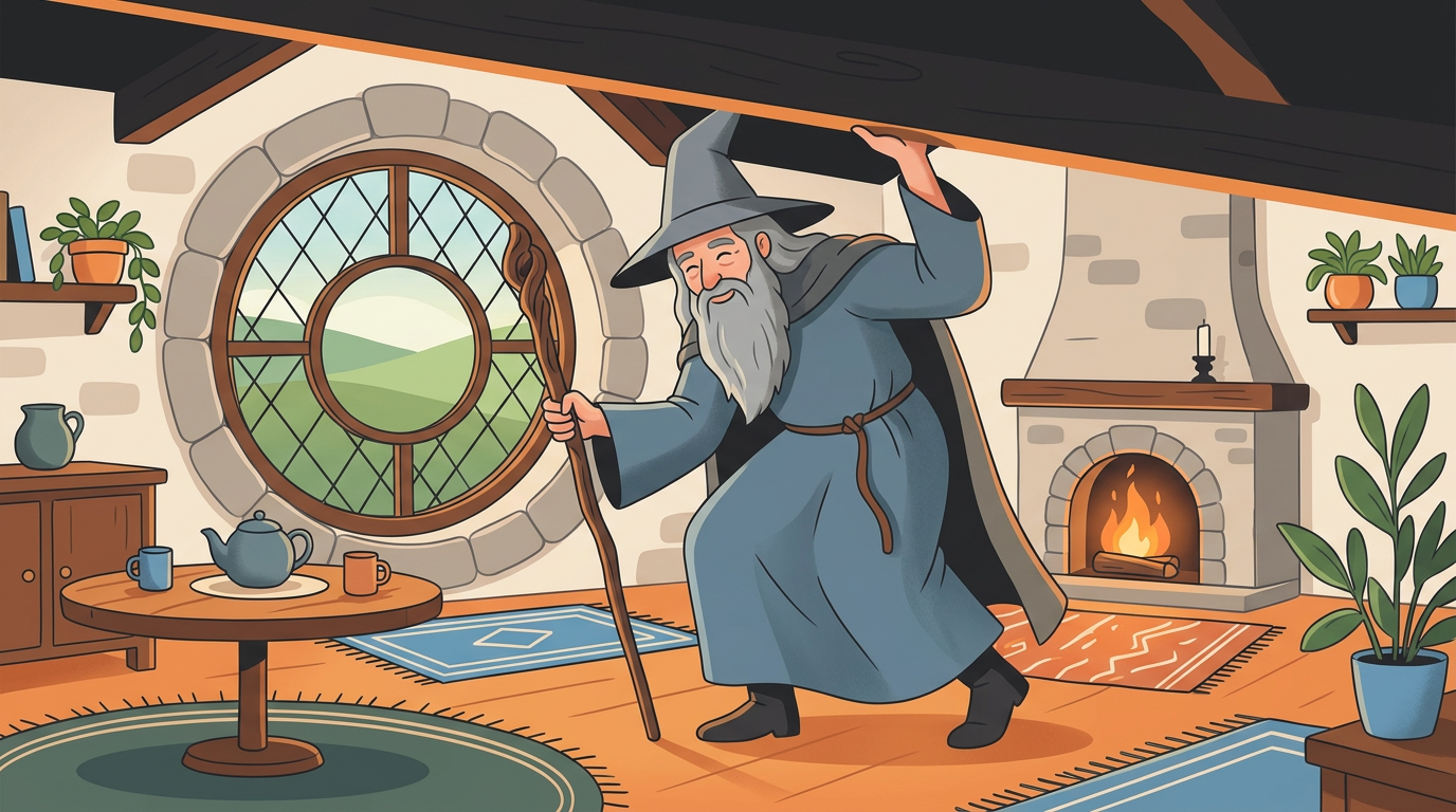 Whimsical illustration of a tall wizard carefully ducking under low wooden ceiling beams inside a cozy hobbit house.