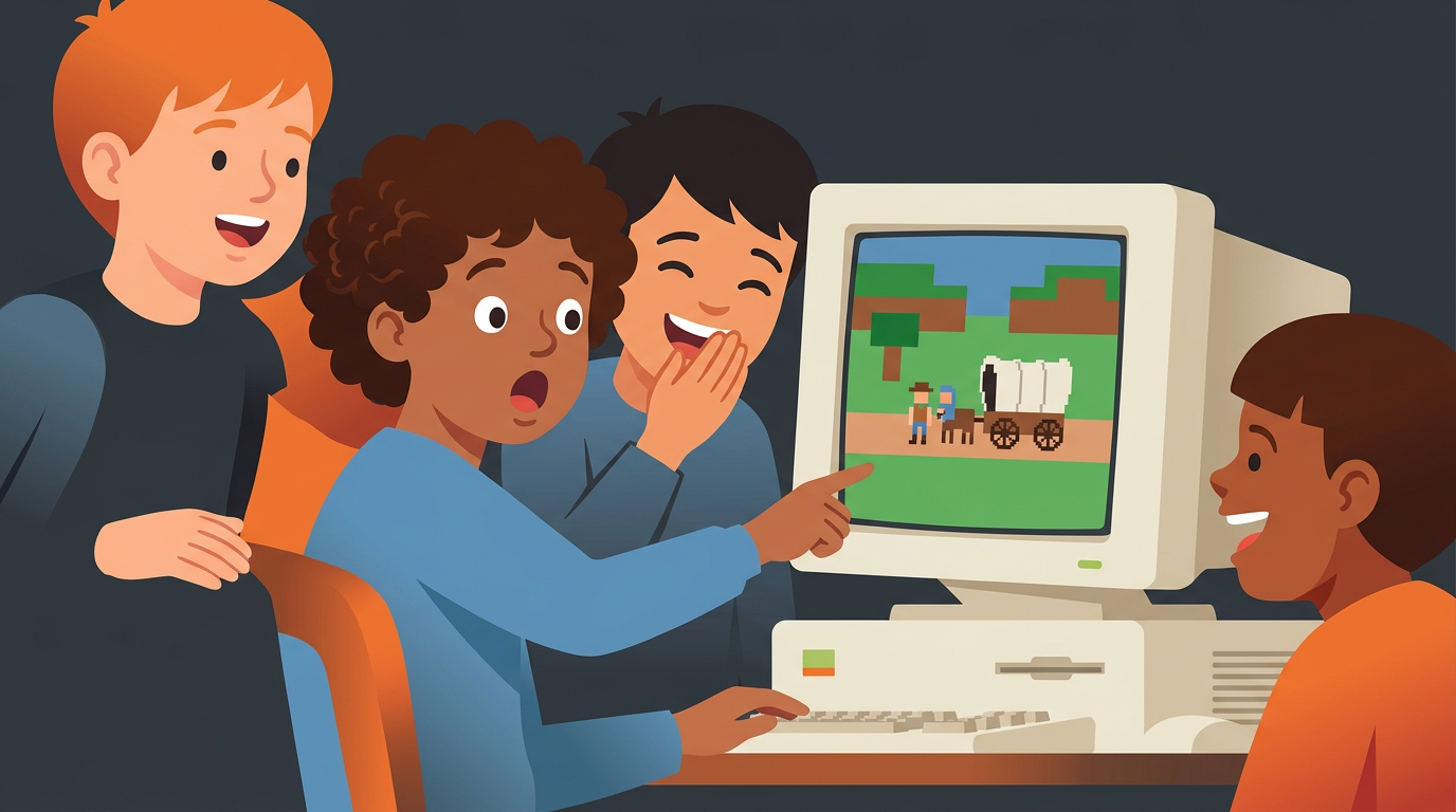 Illustration of young students reacting with funny shocked expressions while looking at a 1990s computer running a pioneer computer game.