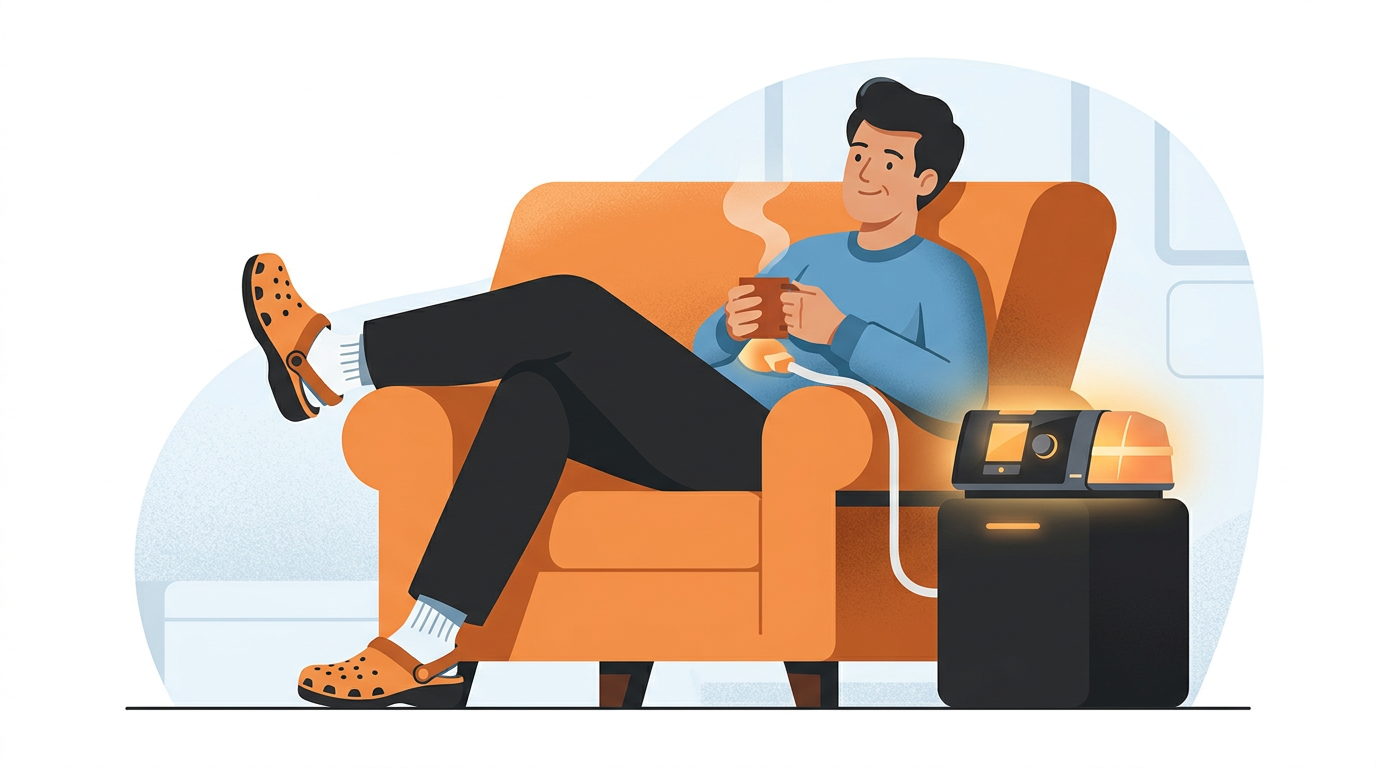 A cheerful digital illustration of a middle-aged person relaxing in an armchair wearing socks with Crocs while holding a warm mug next to a futuristic sleep machine.
