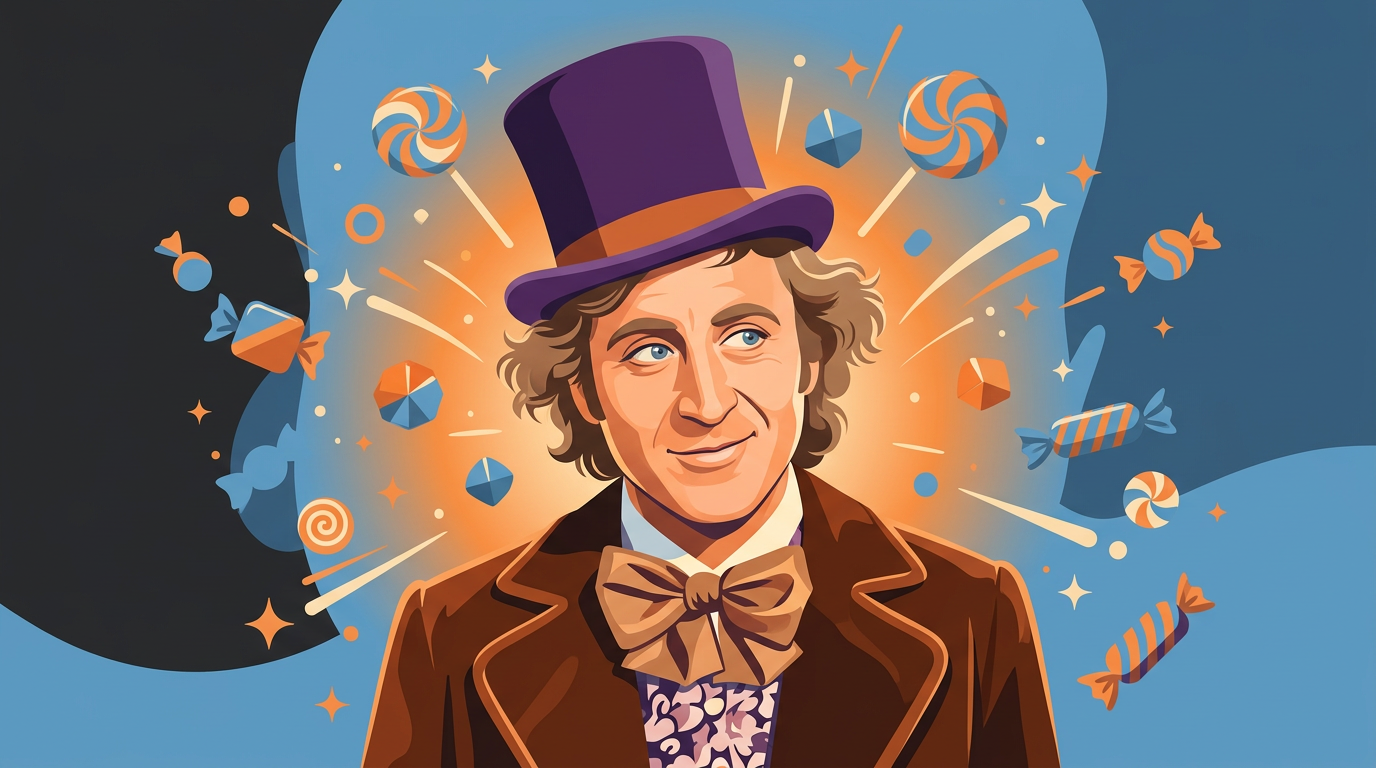 A colorful illustration featuring Gene Wilder with his signature curly hair and bright warm smile.
