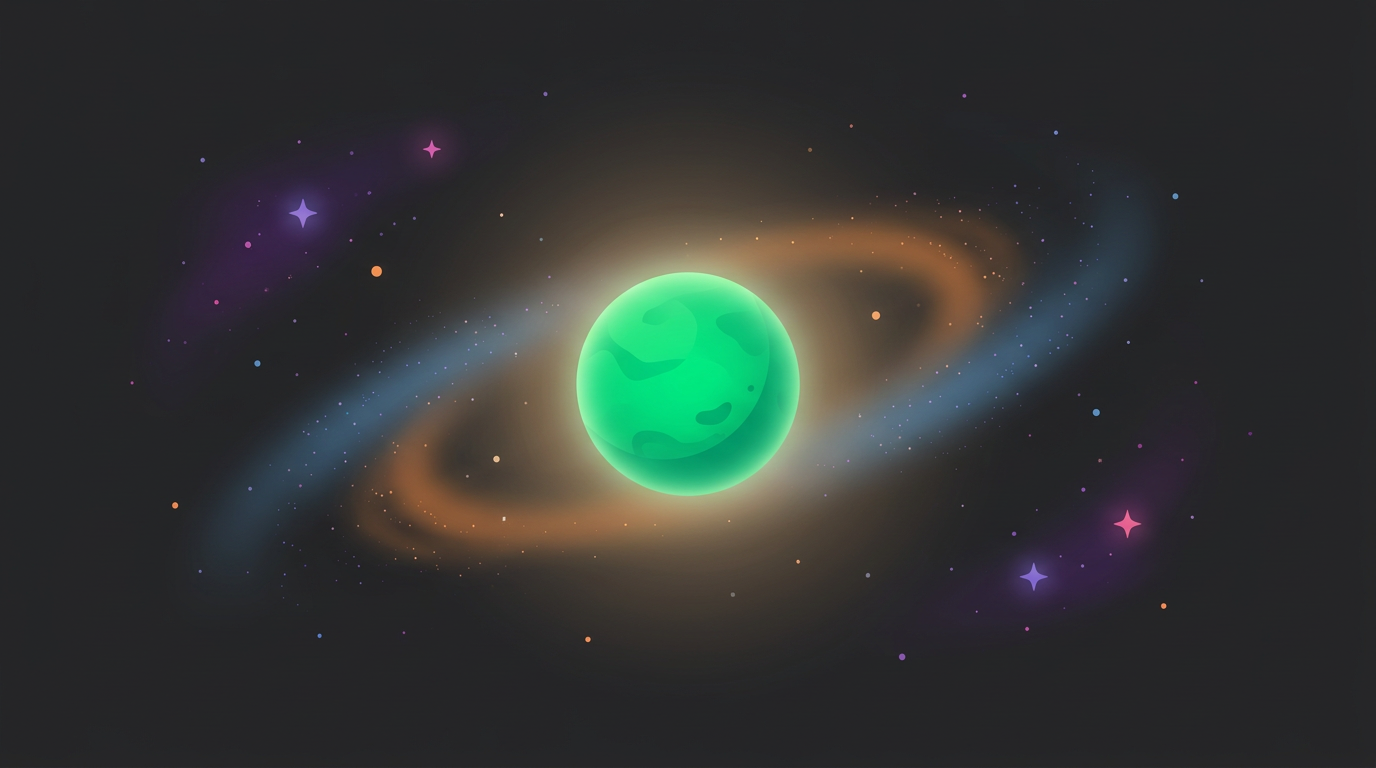 An illustration of an eerie glowing green white dwarf star floating in deep space amidst dark cosmic background.