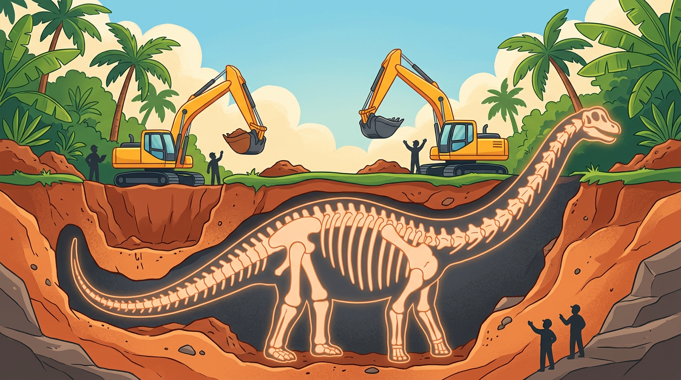 Illustration of construction equipment digging deep underground to reveal a gigantic glowing dinosaur skeleton beneath Brazil.