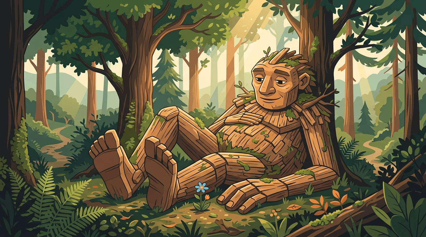 A giant wooden troll sculpture reclining peacefully in a sunny forest to avoid stepping on small wildflowers.