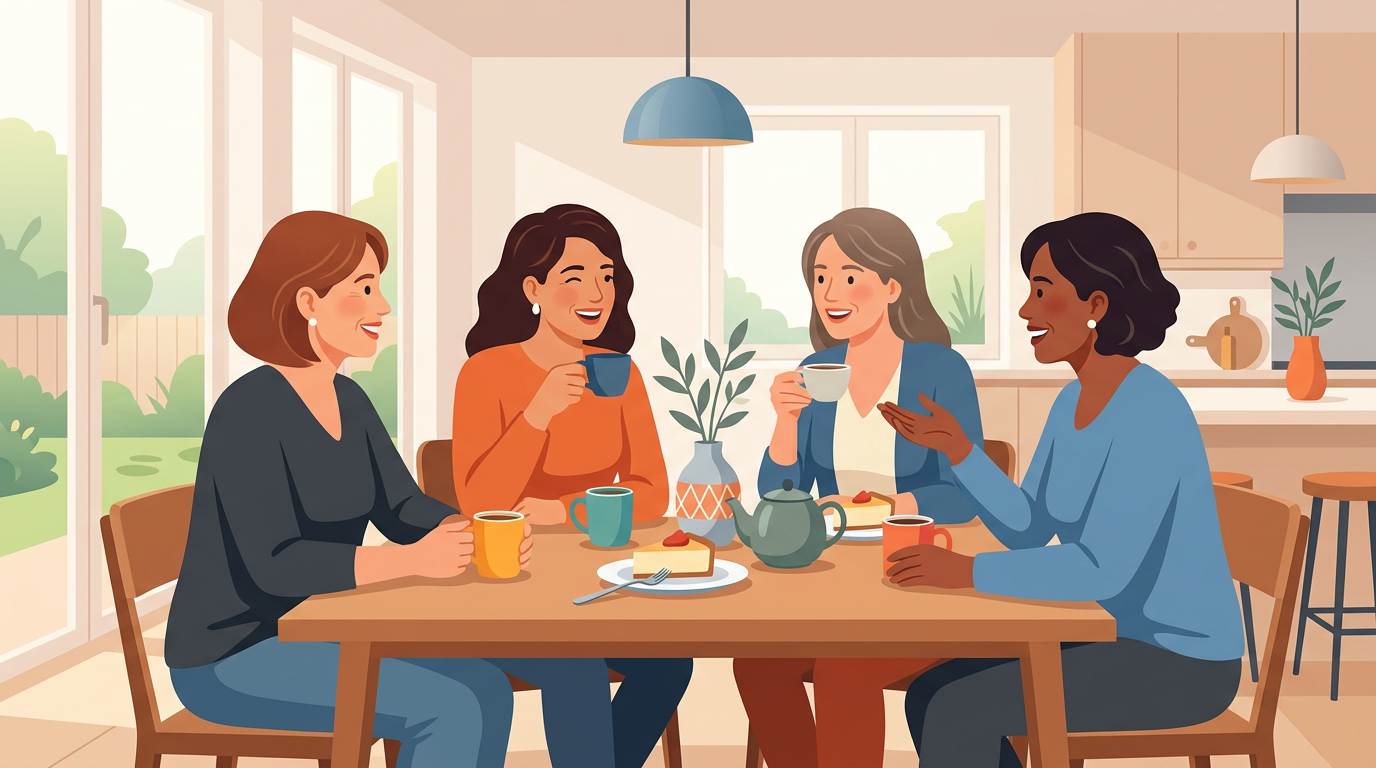 Illustration of four diverse midlife women sitting together happily in a bright, modern kitchen sharing cake and coffee.