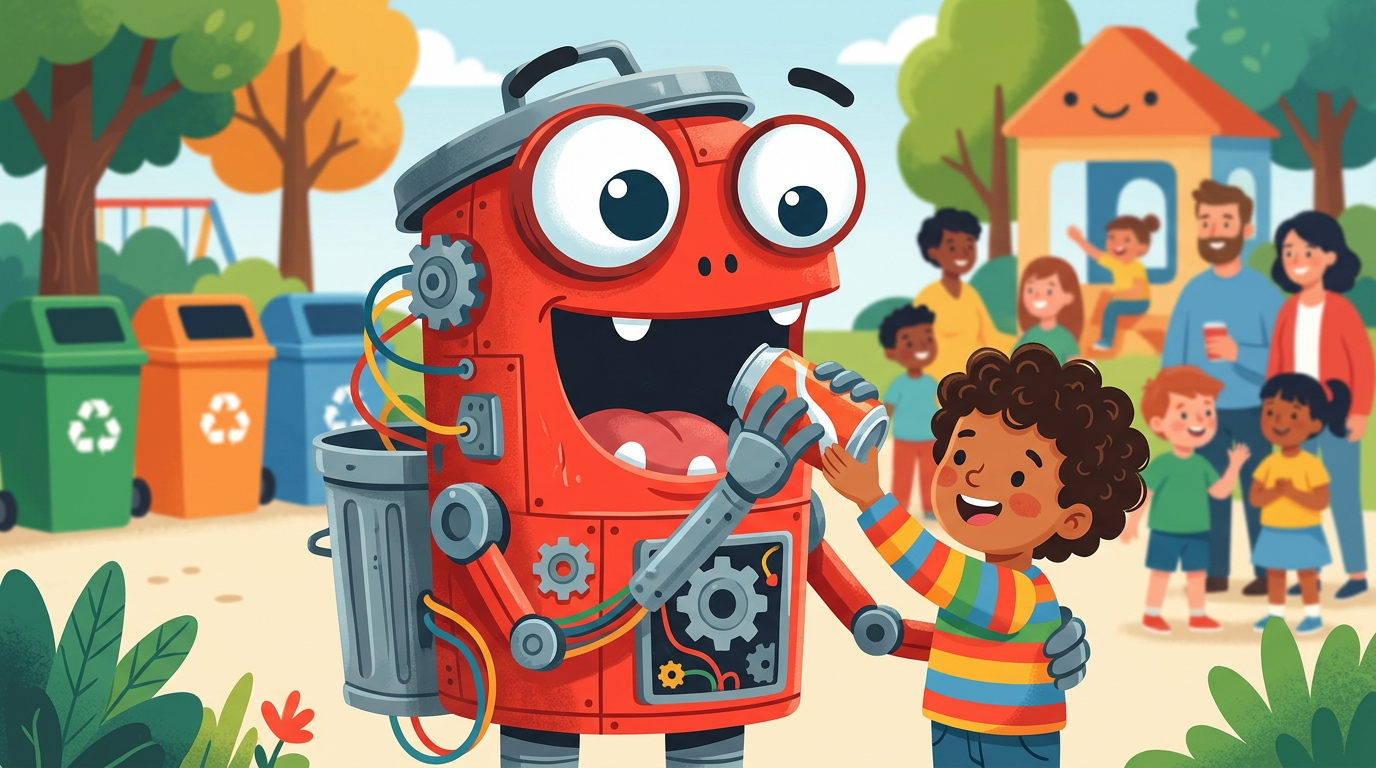 A playful bright red robot monster with big googly eyes accepting an aluminum can into its mouth.