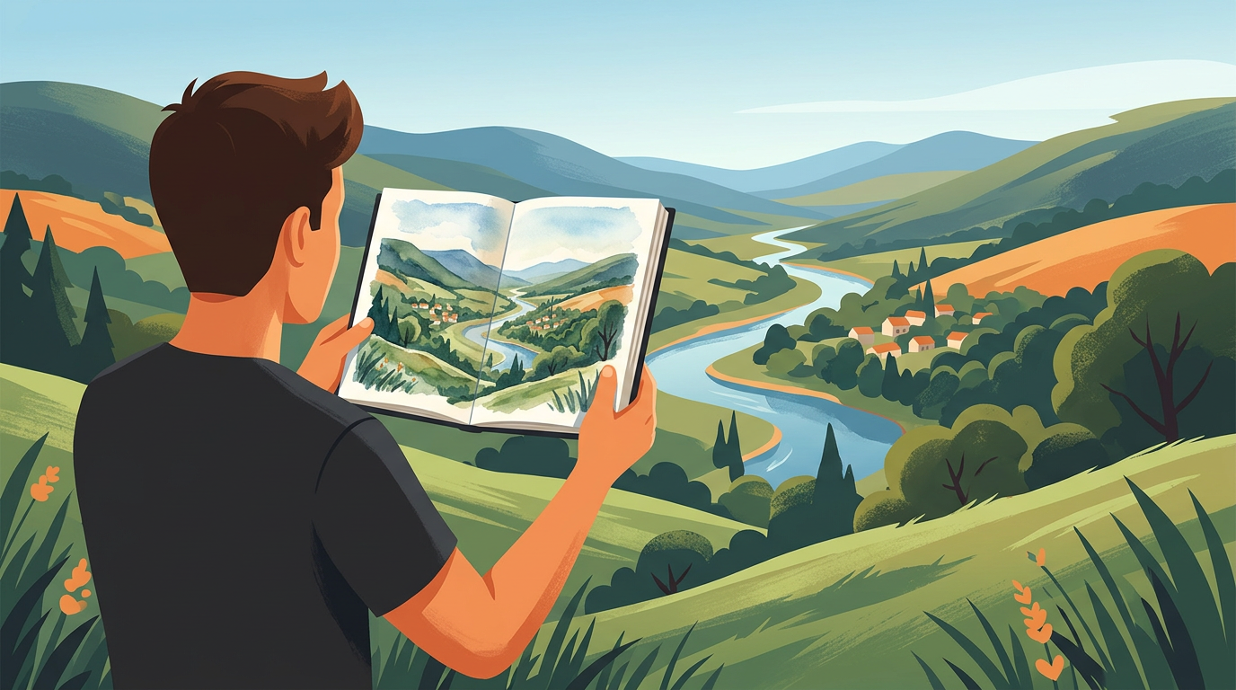Illustration of an artist aligning an open watercolor sketchbook with a beautiful landscape in front of him.