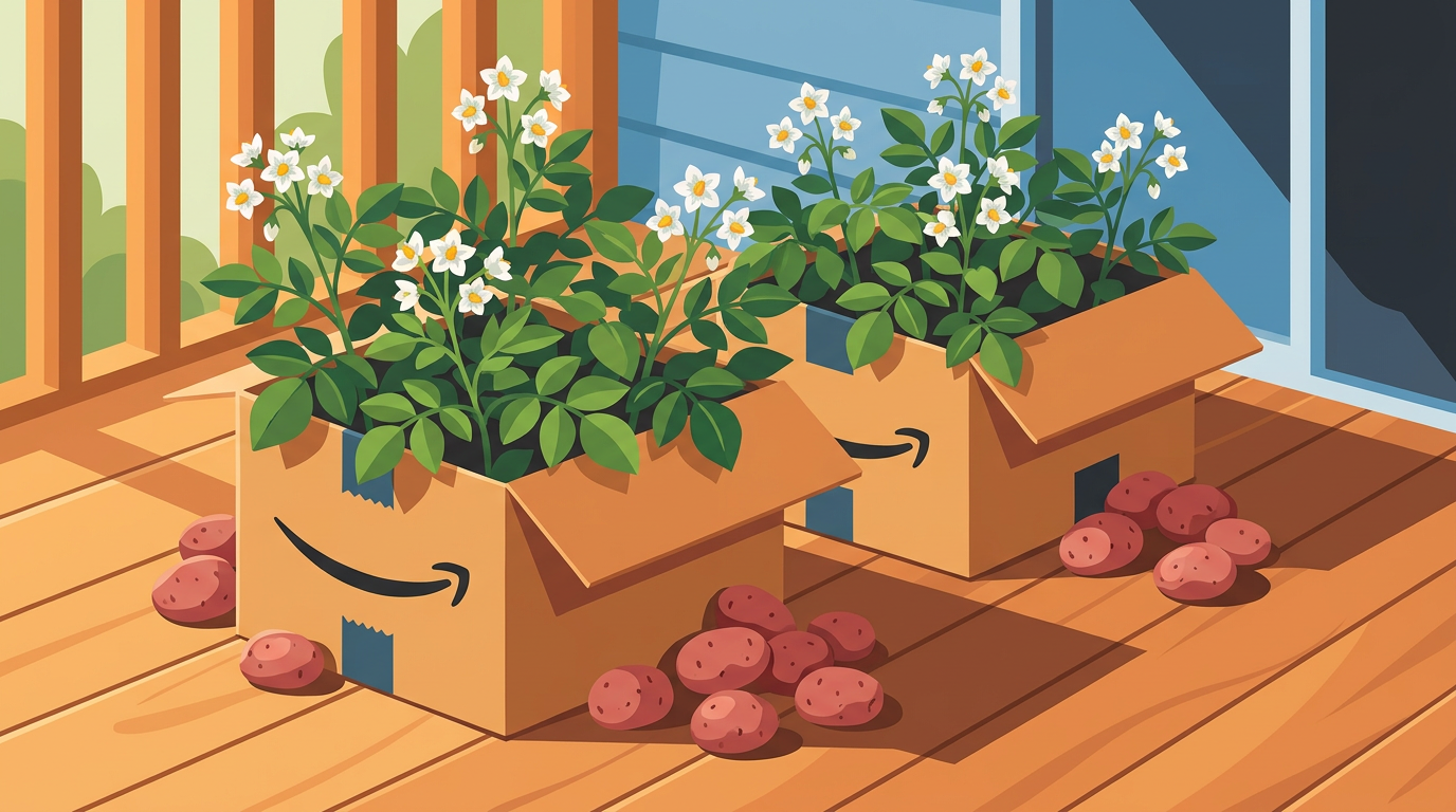 Illustration of cardboard shipping boxes filled with soil on a sunny patio, growing healthy leafy green potato plants with white blossoms.