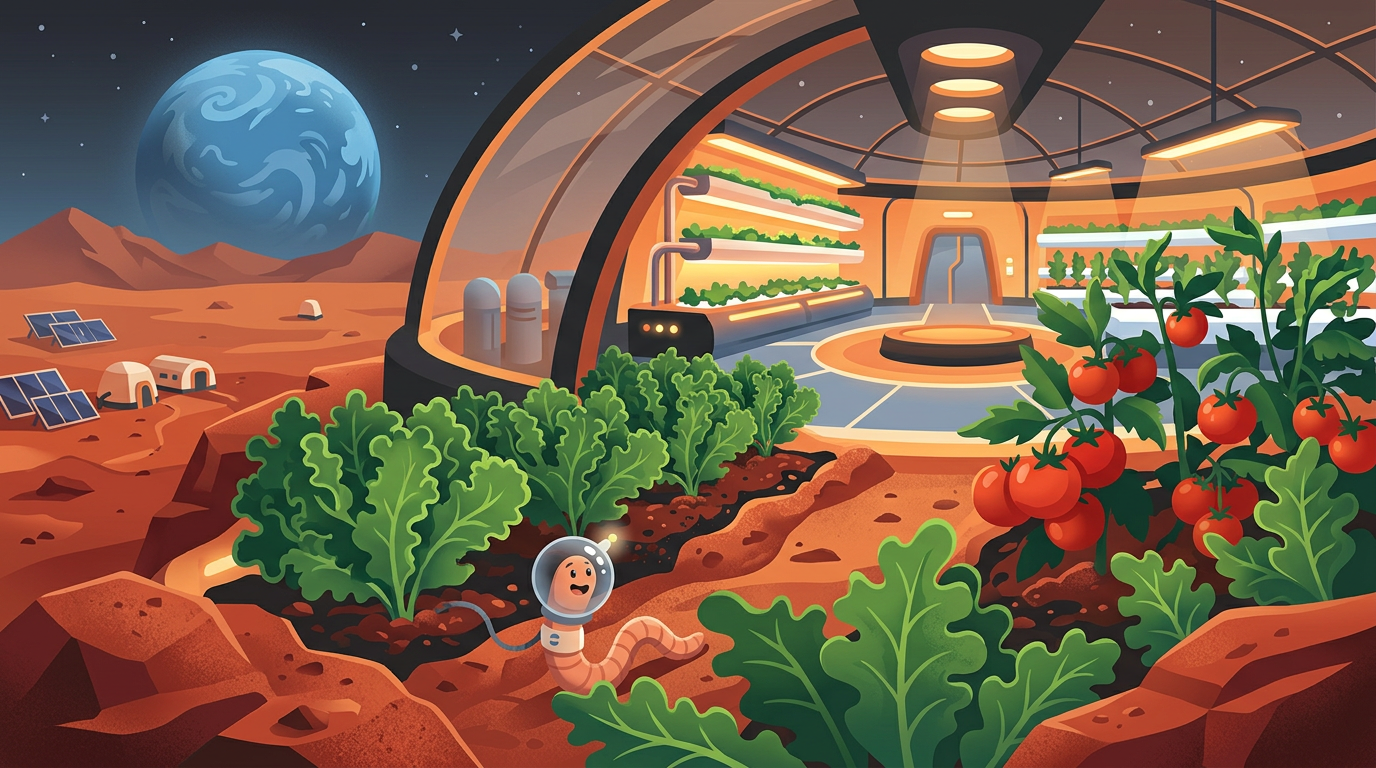 A whimsical digital illustration of green kale growing in red Martian soil inside a dome, with a worm in a space helmet.