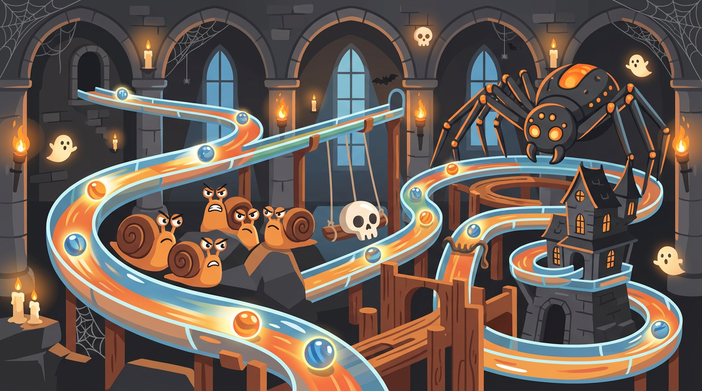 Vibrant illustration of a spooky marble race track inside a castle with glass marbles dodging skull obstacles and giant spider traps.