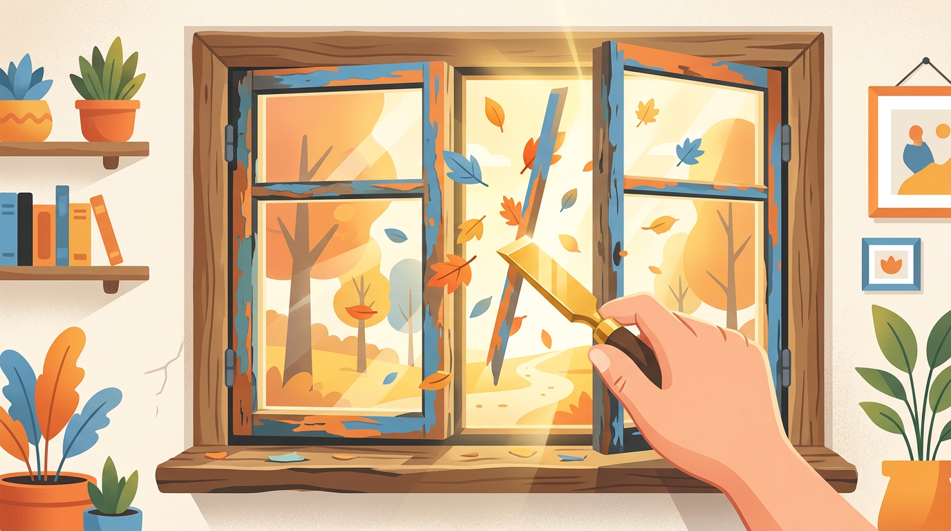 A whimsical illustration of a painted-shut window being pried open with a chisel to let sunlight in.