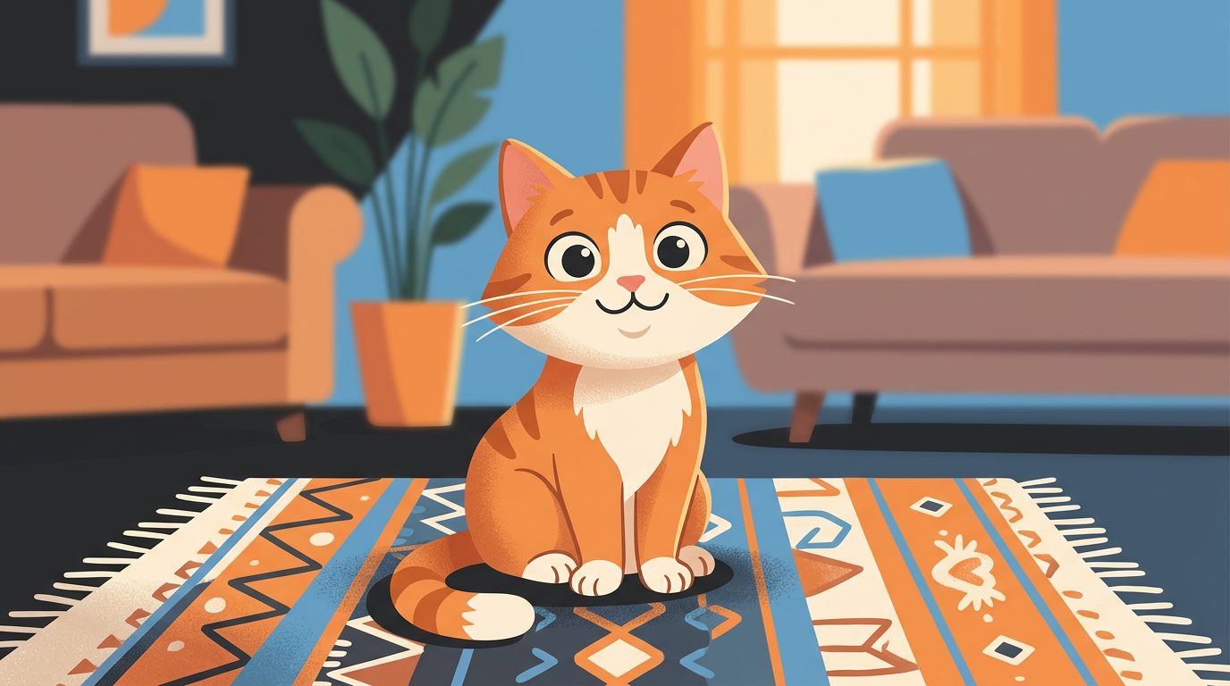 Whimsical illustration of a playful rescue cat with a triangular face and wide open eyes sitting on a colorful carpet.