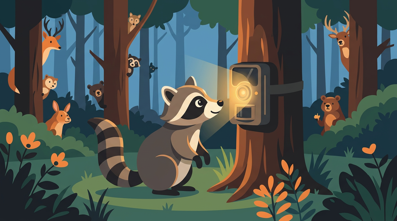 A cheeky illustration of a raccoon peaking closely into a trail camera mounted on a tree in a lush forest.