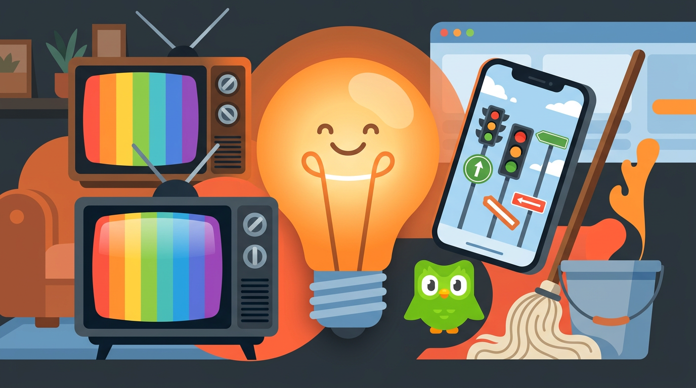 Colorful vector illustration featuring a vintage television, smartphone screen with security grid, and various household inventions surrounding a bright lightbulb.