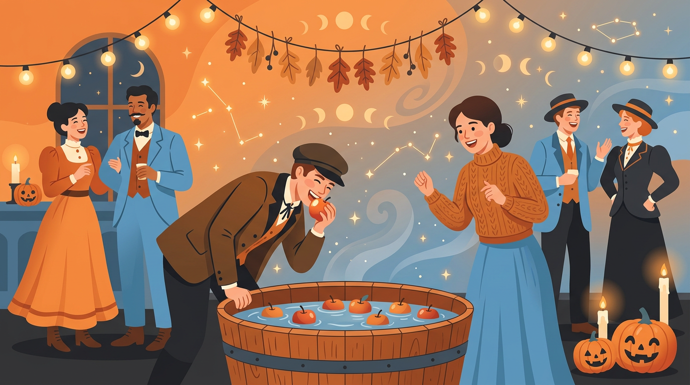 Illustration of historical partygoers playfully bobbing for apples in a wooden tub filled with water under a starry autumnal night.