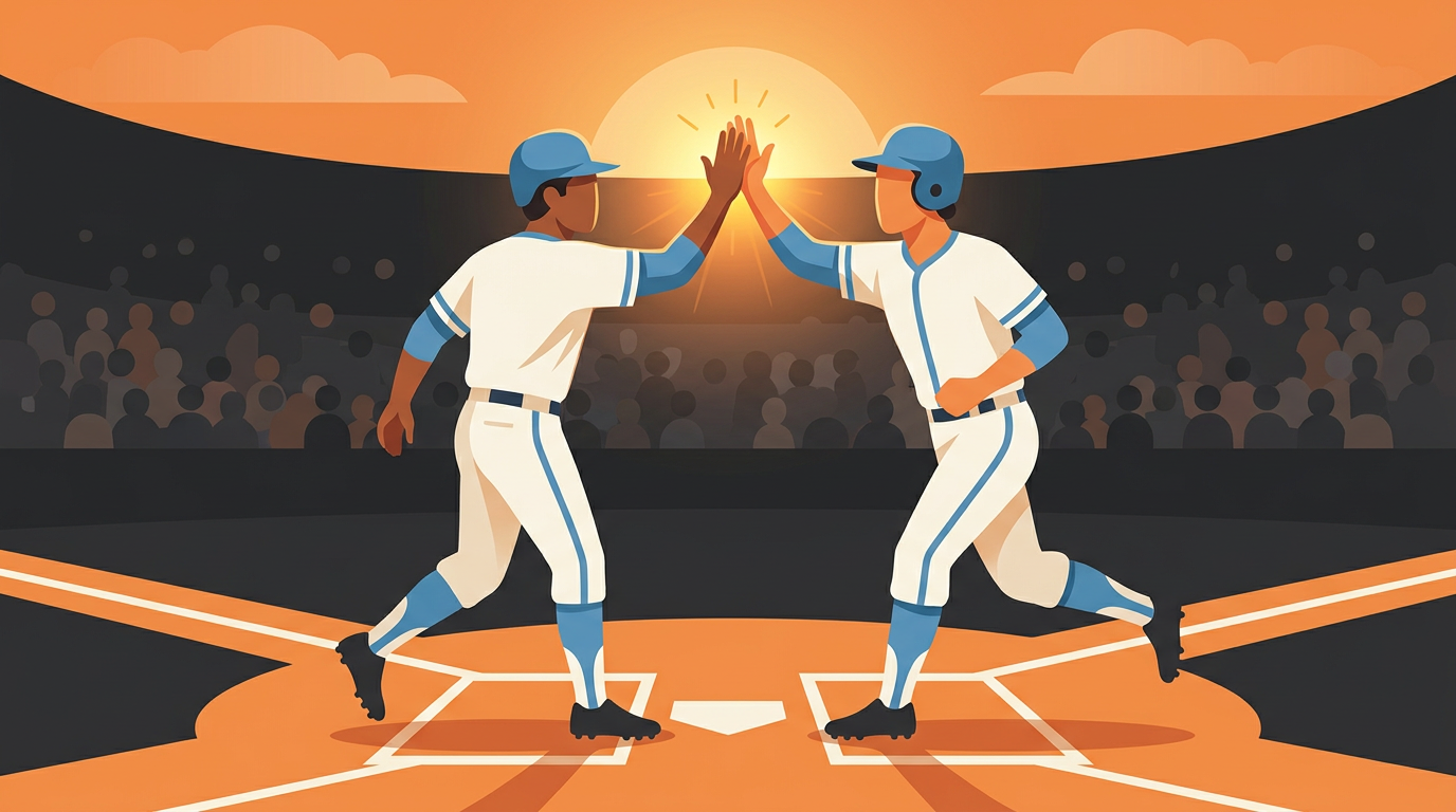 Retro illustration of two baseball players high-fiving near home plate under a bright blue sky.