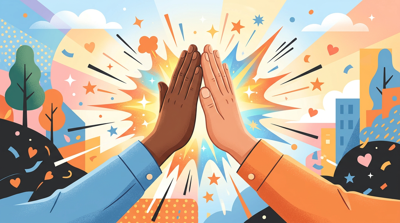 Pop-art style illustration of two hands meeting mid-air in an enthusiastic high five surrounded by colorful energy lines.