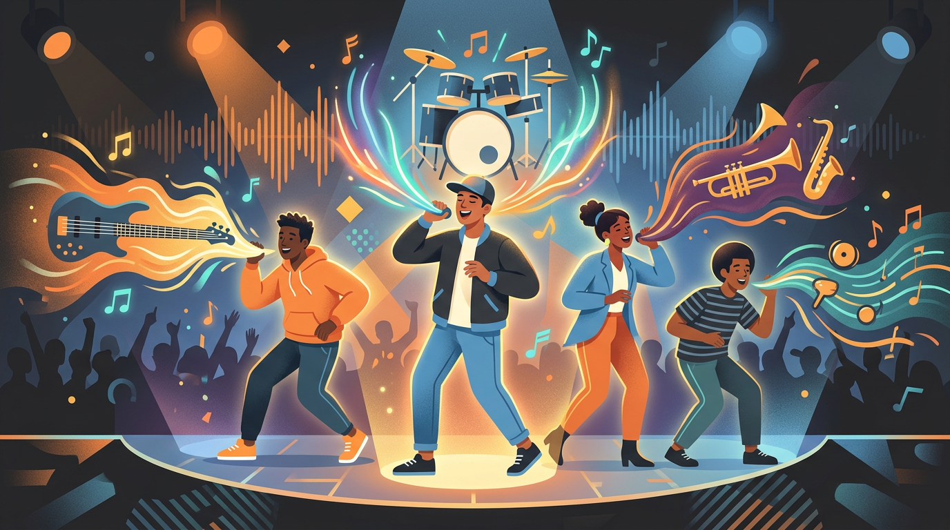 Colorful modern vector illustration of four beatboxers performing with vibrant musical sound waves emerging from their lips.