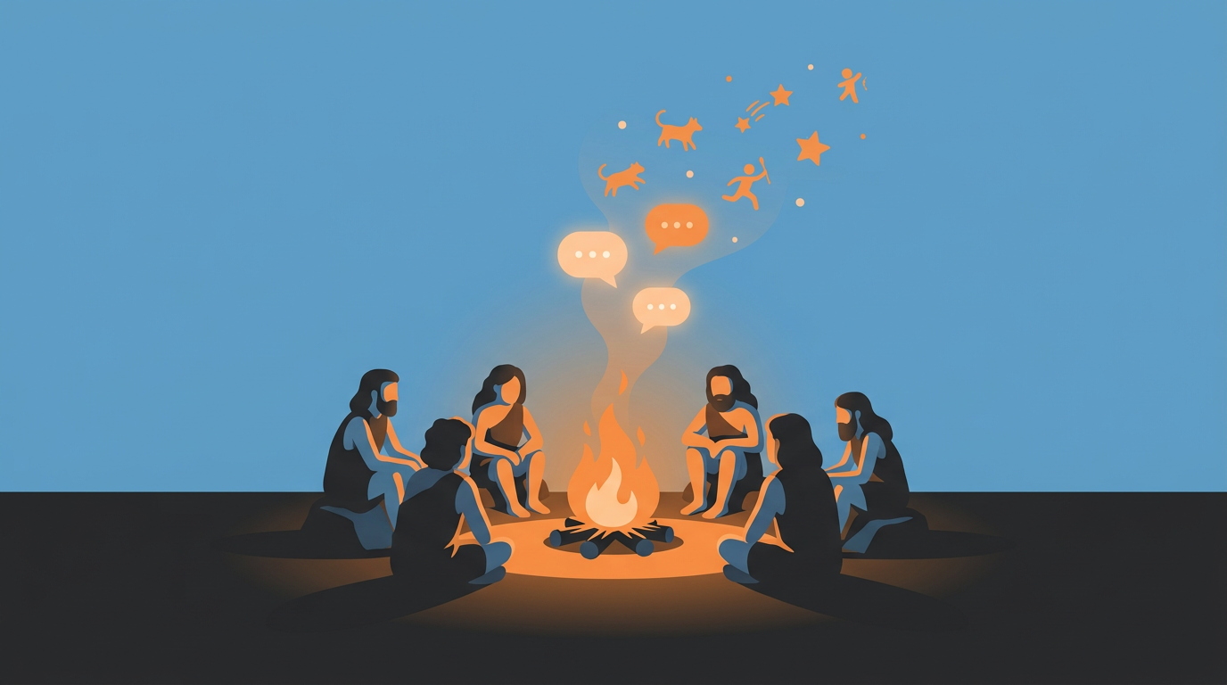 Illustration of prehistoric people sitting around a warm campfire under a starry sky, sharing stories illustrated by glowing smoke shapes.