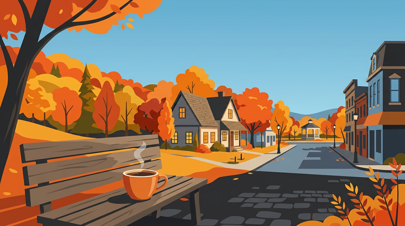 An illustration of a cozy Connecticut town during autumn with fall leaves, a charming inn, and a mug of coffee in the foreground.