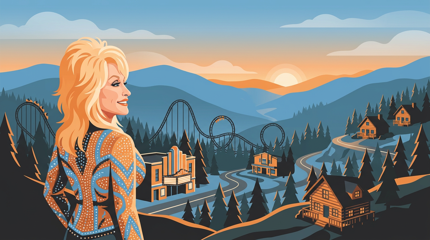 Illustration of Dolly Parton overlooking a vibrant Smoky Mountain landscape featuring Dollywood rollercoasters and historic mountain cabins.