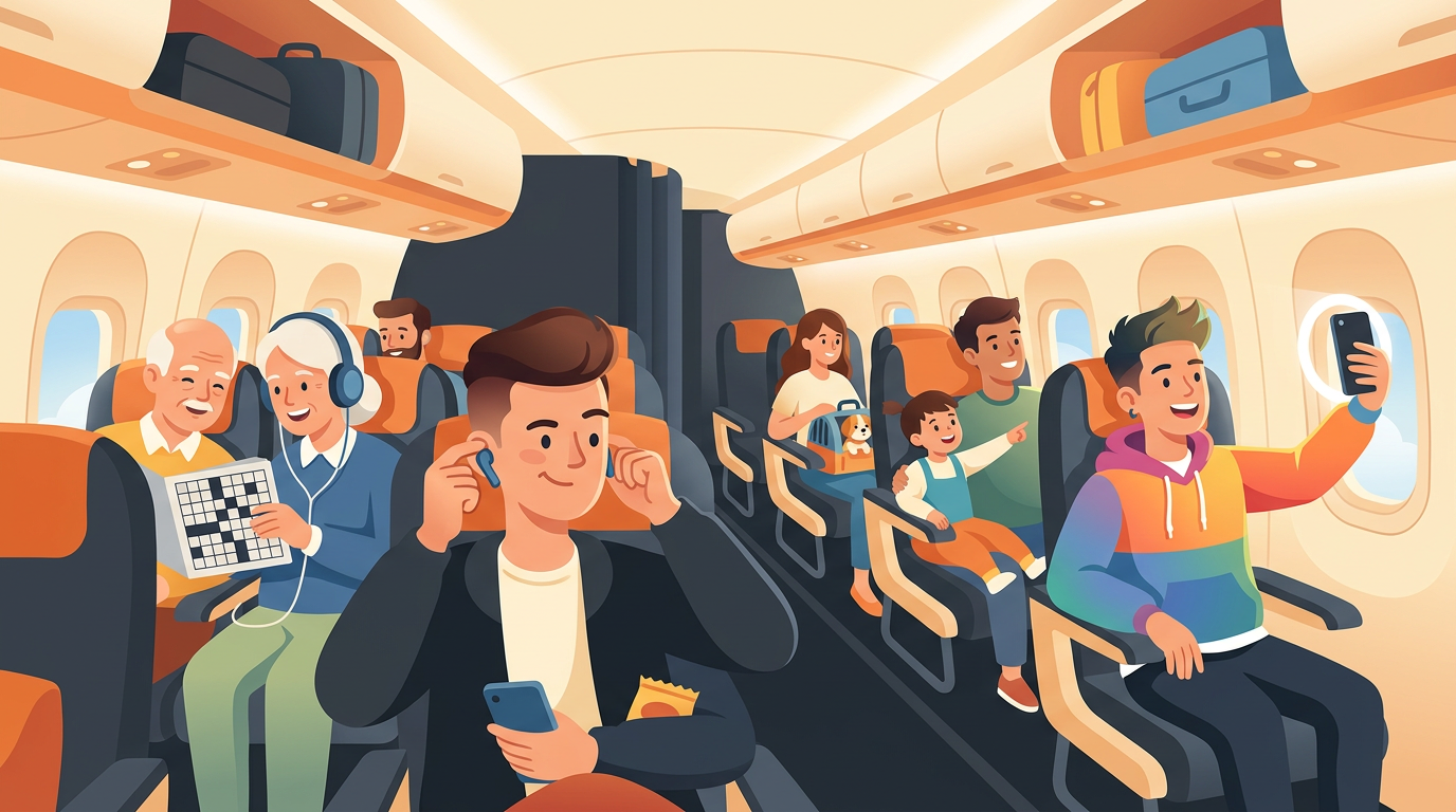 A colourful cartoon illustration of airplane passengers reacting in funny ways in their seats.