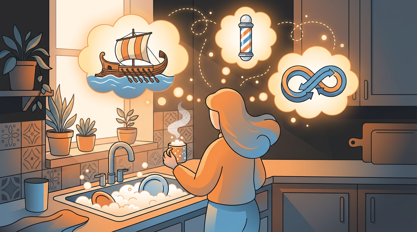 A colourful illustration of someone washing dishes while thought bubbles above depict ancient philosophical paradoxes like a wooden ship and an infinite loop.
