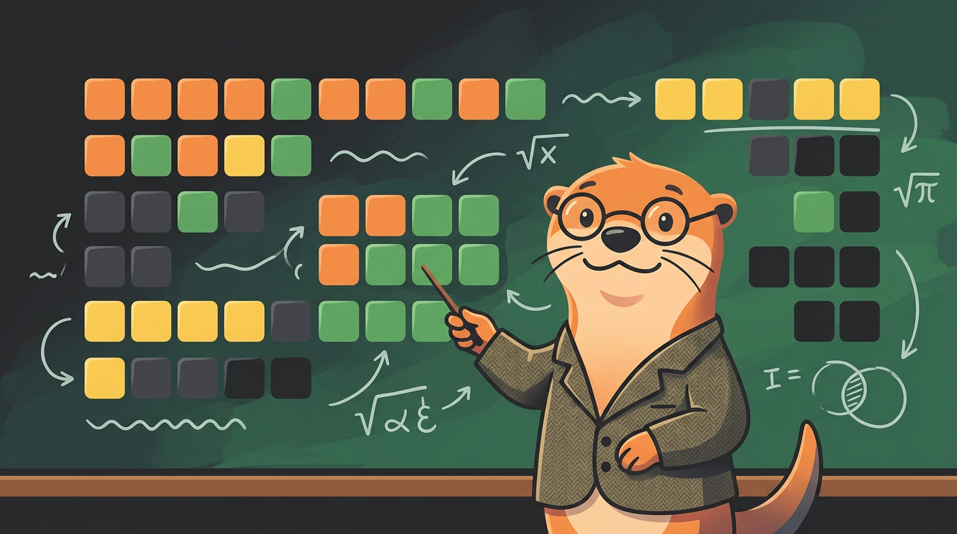 A cheeky otter wearing round glasses holding a piece of chalk next to a board showing Wordle tiles and mathematical calculations.