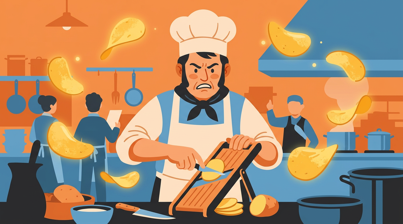 Illustration of an annoyed 1850s chef slicing thin potatoes in a historical kitchen with golden potato chips around him.