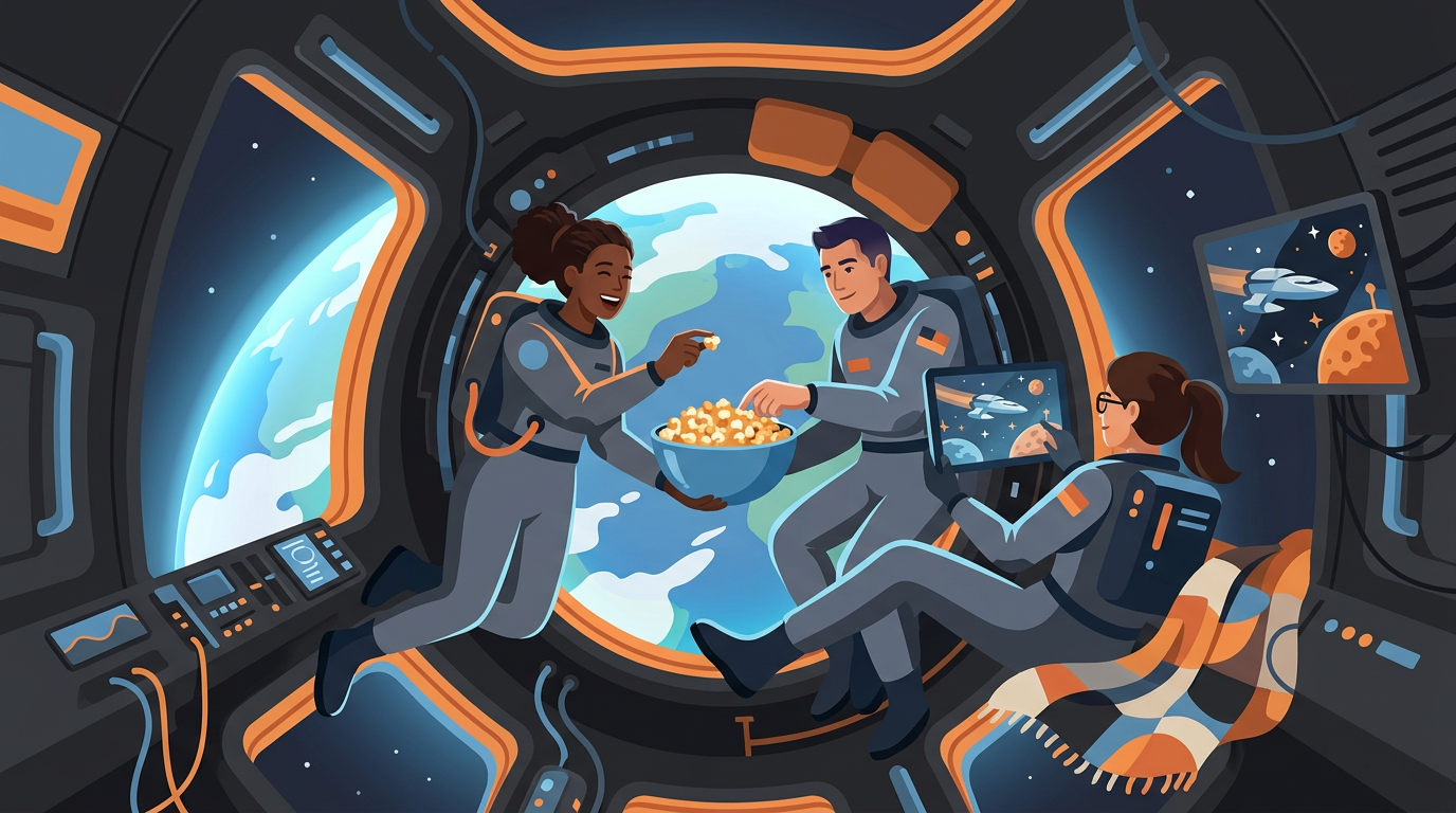 A cheerful digital illustration of international astronauts floating in zero gravity during a movie night aboard a space station.