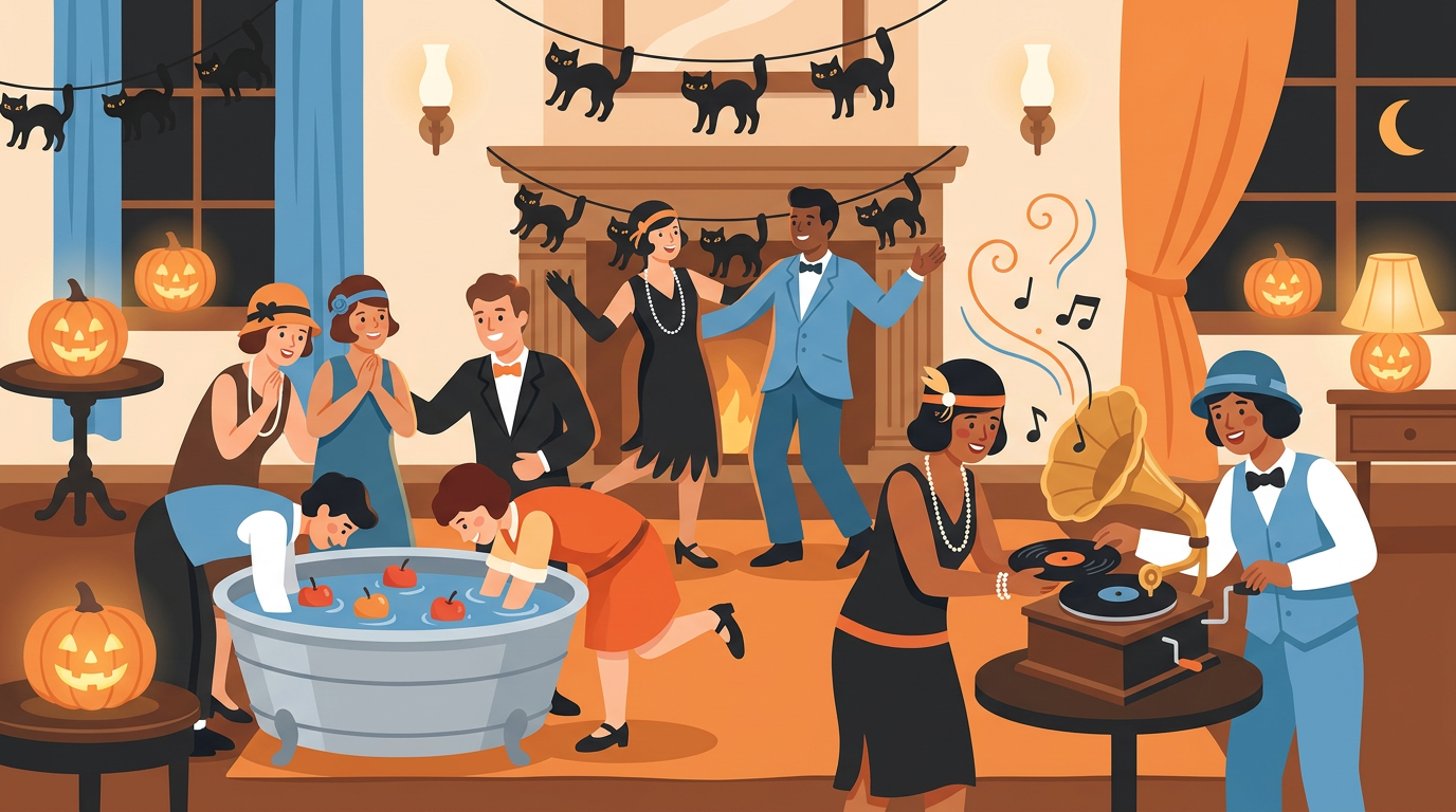 A whimsical vintage-style illustration of a 1920s Halloween party with retro decorations, jazz vinyl, and apple bobbing.