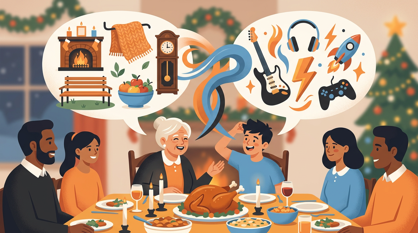 A colorful illustration of a teenager and grandmother talking across a dinner table with glowing, shapeshifting speech bubbles.