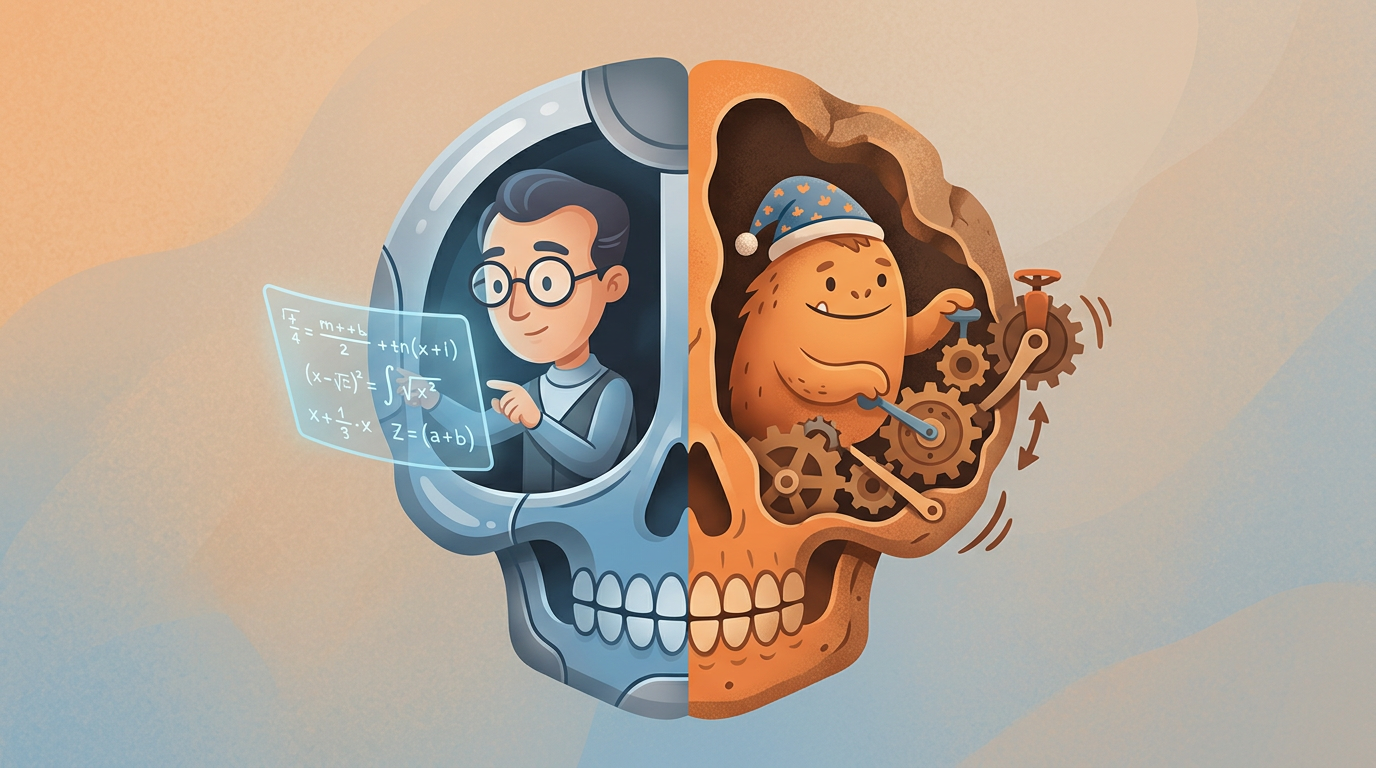 A creative illustration showing a human head split conceptually between a thinking intellectual half and a cozy, automatic machine half.
