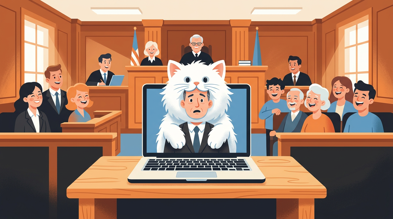 Illustration of a lawyer on a laptop video call displayed as an animated white kitten in a courtroom setting.