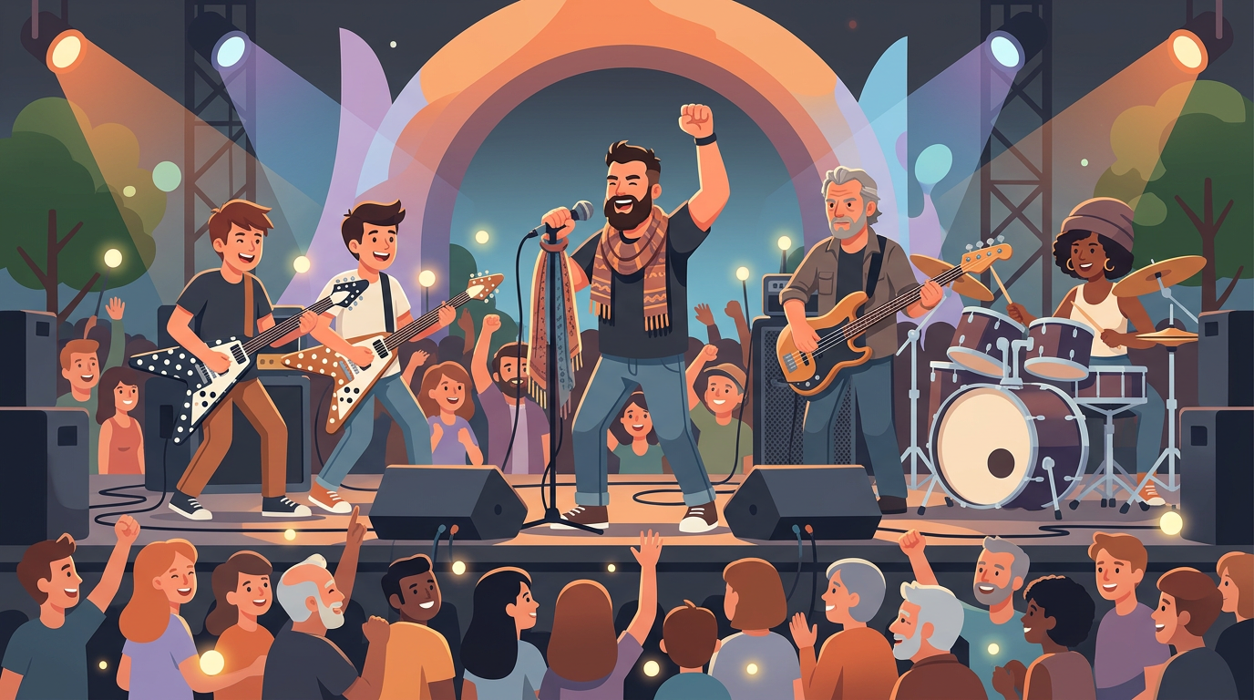 Digital illustration of Jack Black performing on stage with young rock musicians and concert lighting.