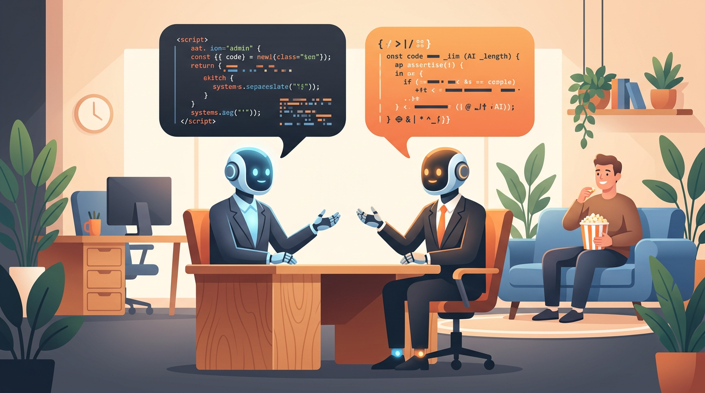 Illustration of two robot avatars wearing business attire having a job interview at a desk while a human sits in the background holding popcorn.
