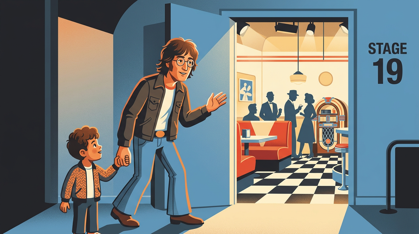 Retro illustration of a famous rock star with round glasses and his young son sneaking onto a 1950s television set.