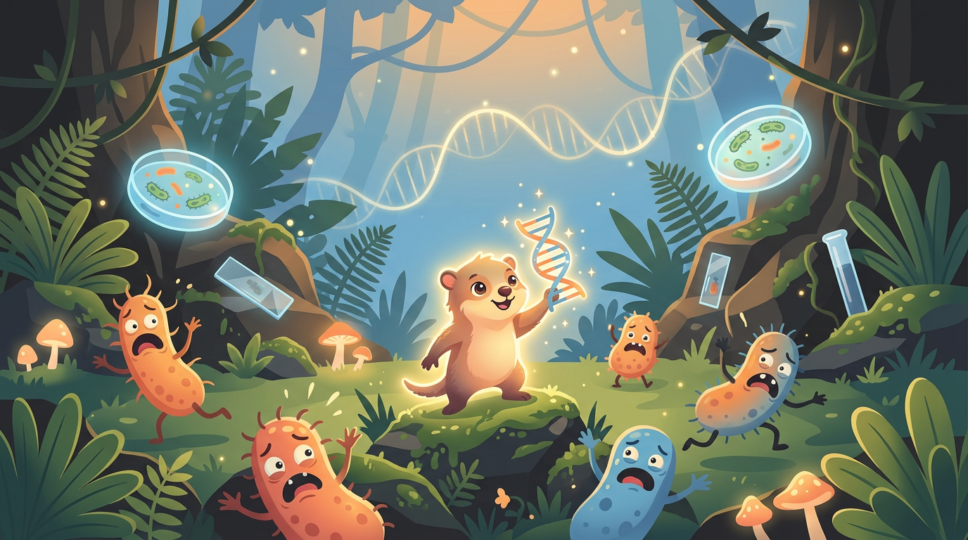A colorful illustration of a small furry Jurassic mammal standing heroically next to petri dishes as tiny colorful bacteria run away.
