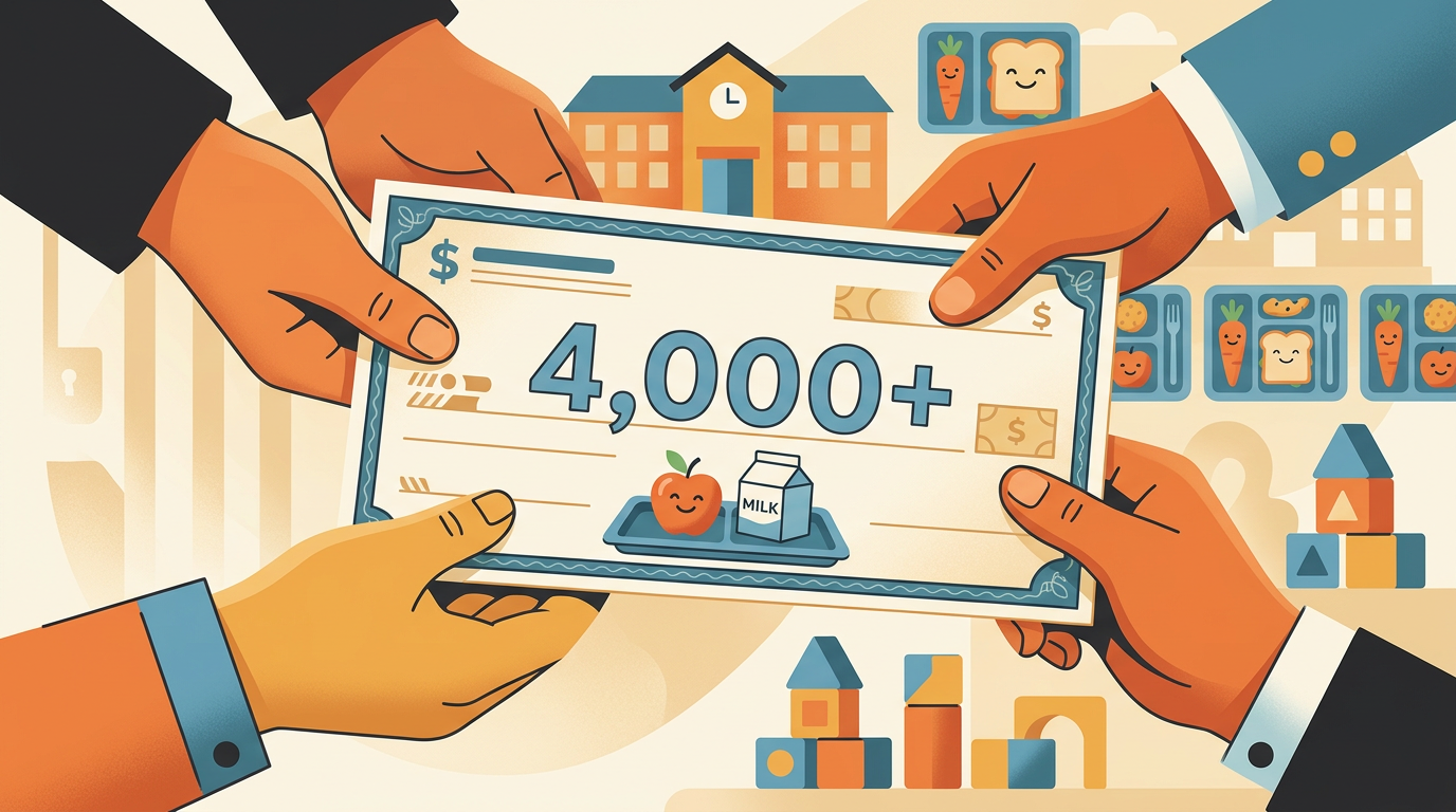 A colorful vector illustration representing community giving and support for school lunch debt relief.