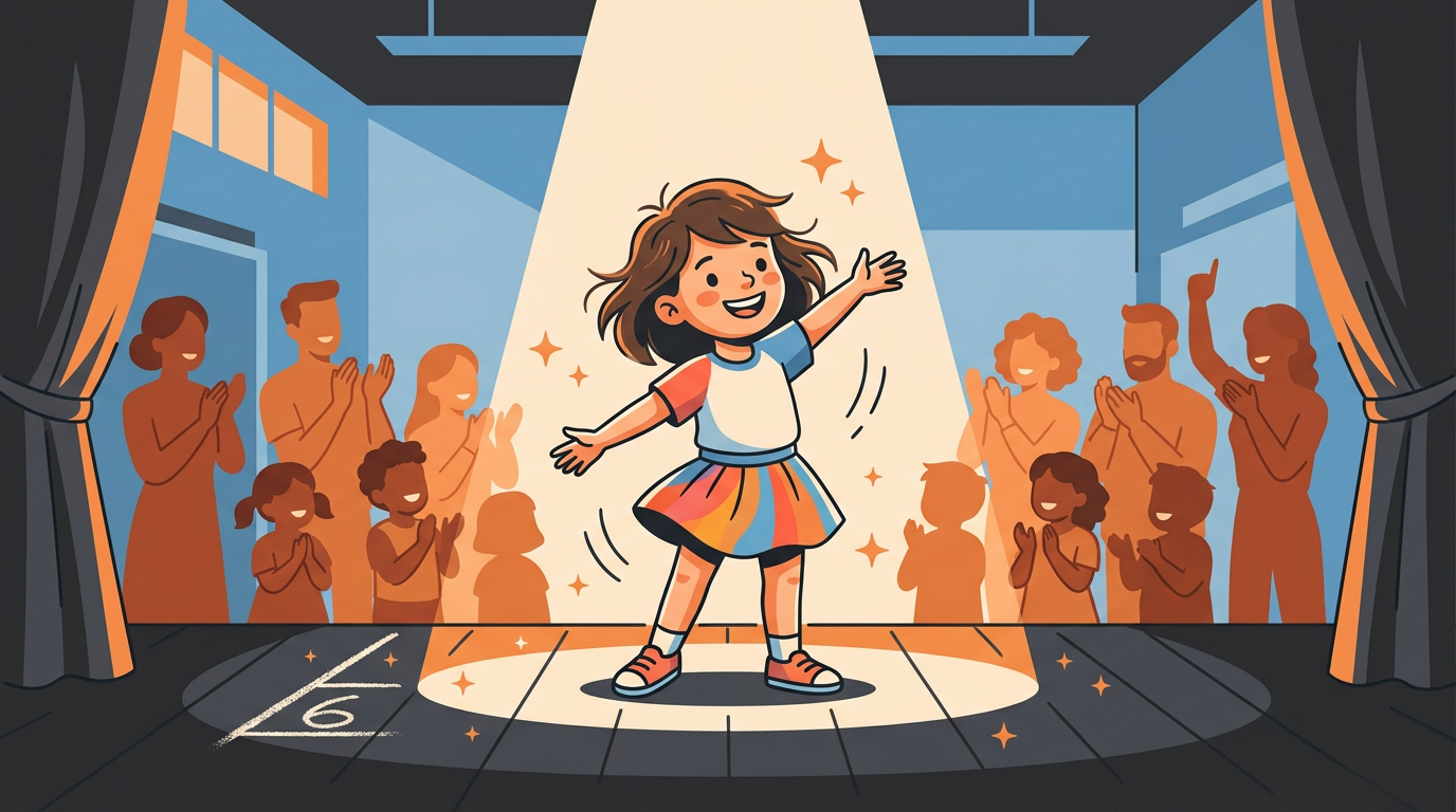 Illustration of a young girl standing proudly on a school stage under a spotlight, receiving applause from a happy crowd.