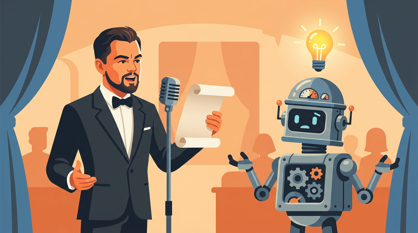 A colorful illustration of Laurence Fishburne reading a letter to a confused retro robot at a microphone.