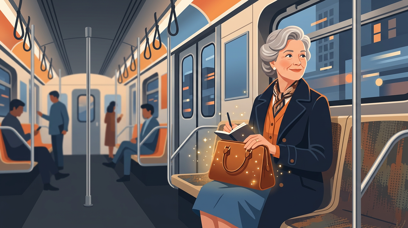 Stylized illustration of an understated woman sitting calmly on a subway, subtly surrounded by glowing financial charts and golden light.