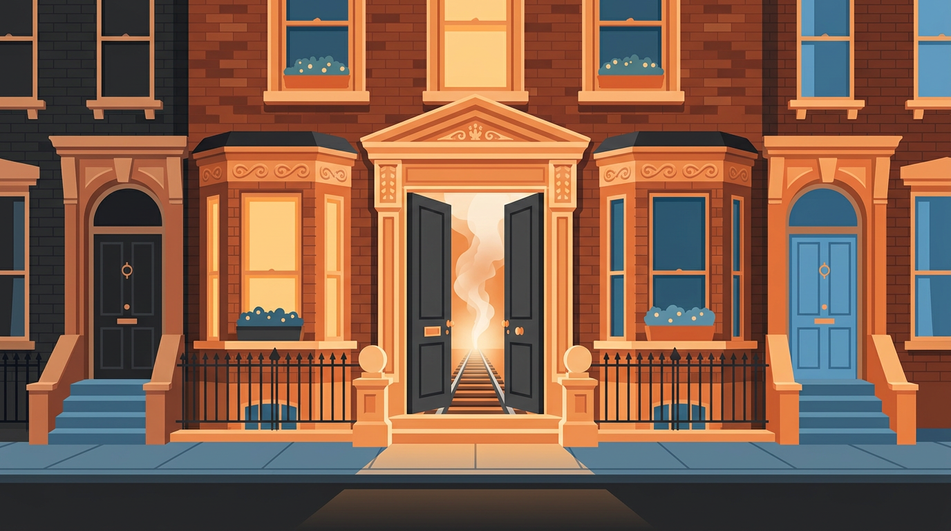 Illustration of a Victorian townhouse street in London showing a dummy facade with train tracks behind it.