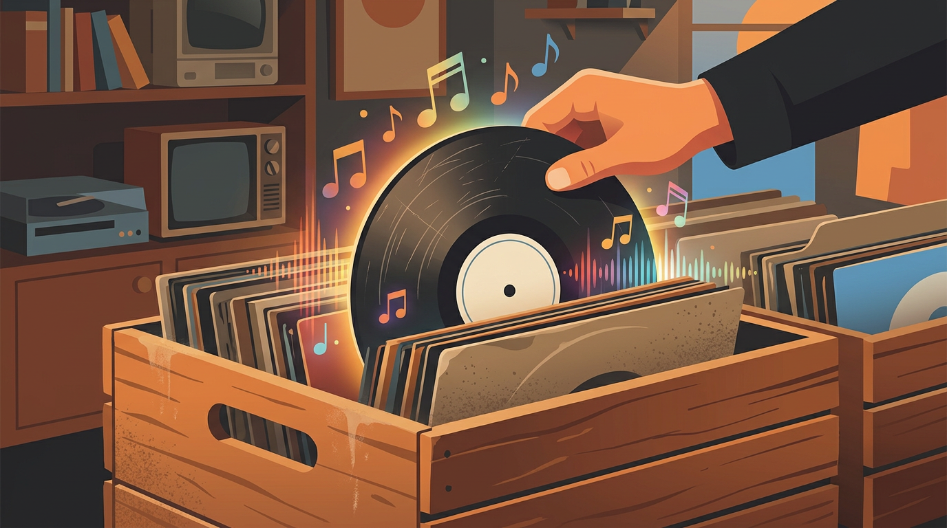 A hand pulling an unlabeled vintage vinyl record out of a dusty crate, with colorful glowing soundwaves floating out of the record.