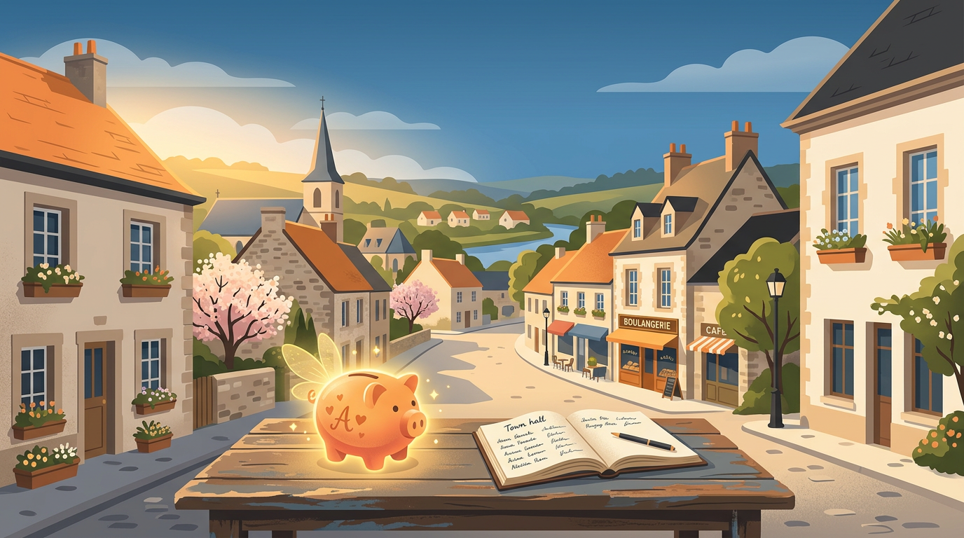 Whimsical vector illustration of a quiet French village town hall with a glowing gift envelope on a table, symbolizing anonymous generosity.