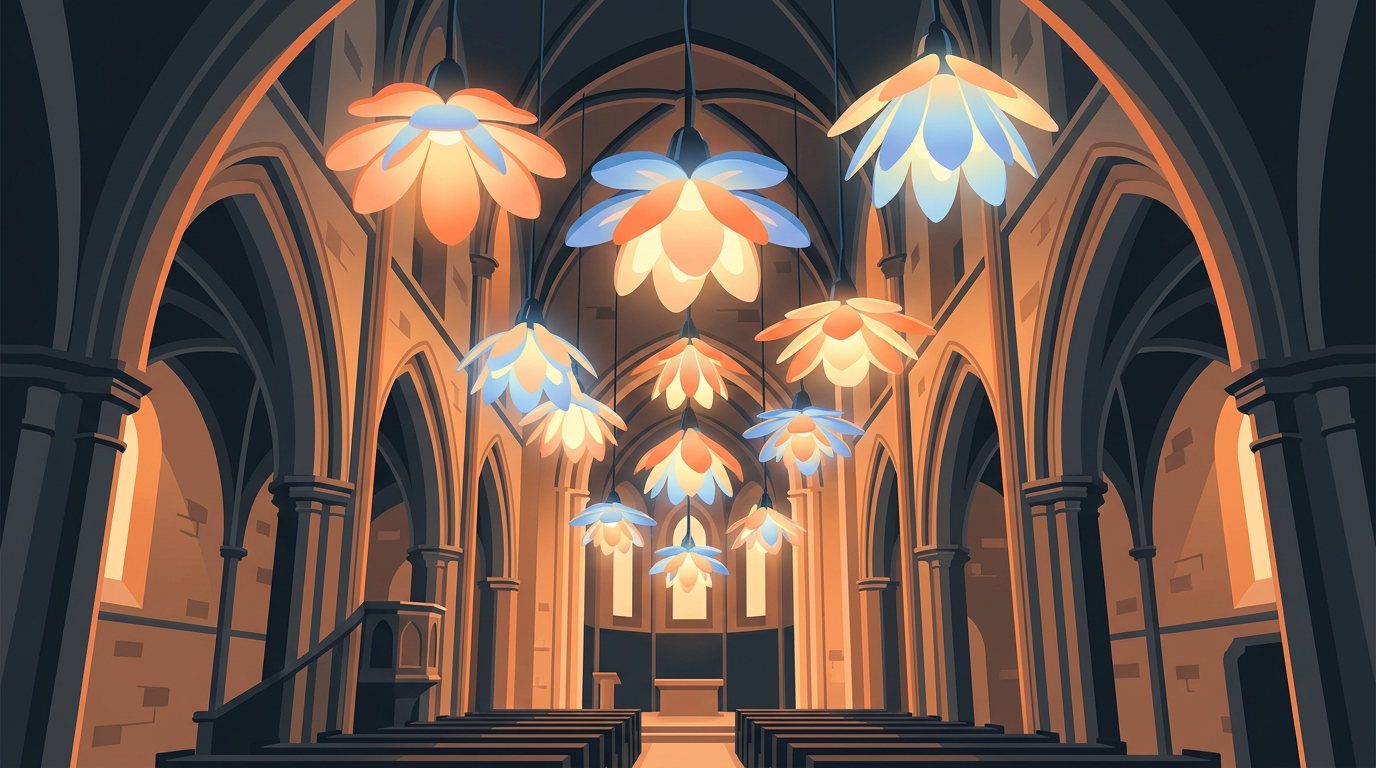Illustration of illuminated, upside-down robotic flowers hanging from the vaulted ceiling of a historic stone church.