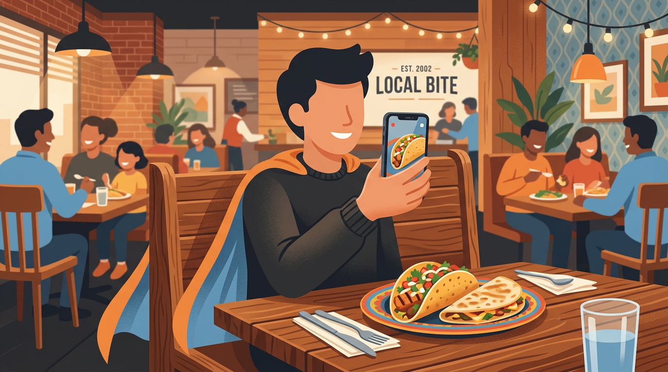 A colorful illustration of a diner taking a casual smartphone photo of a meal at a cozy local restaurant booth.