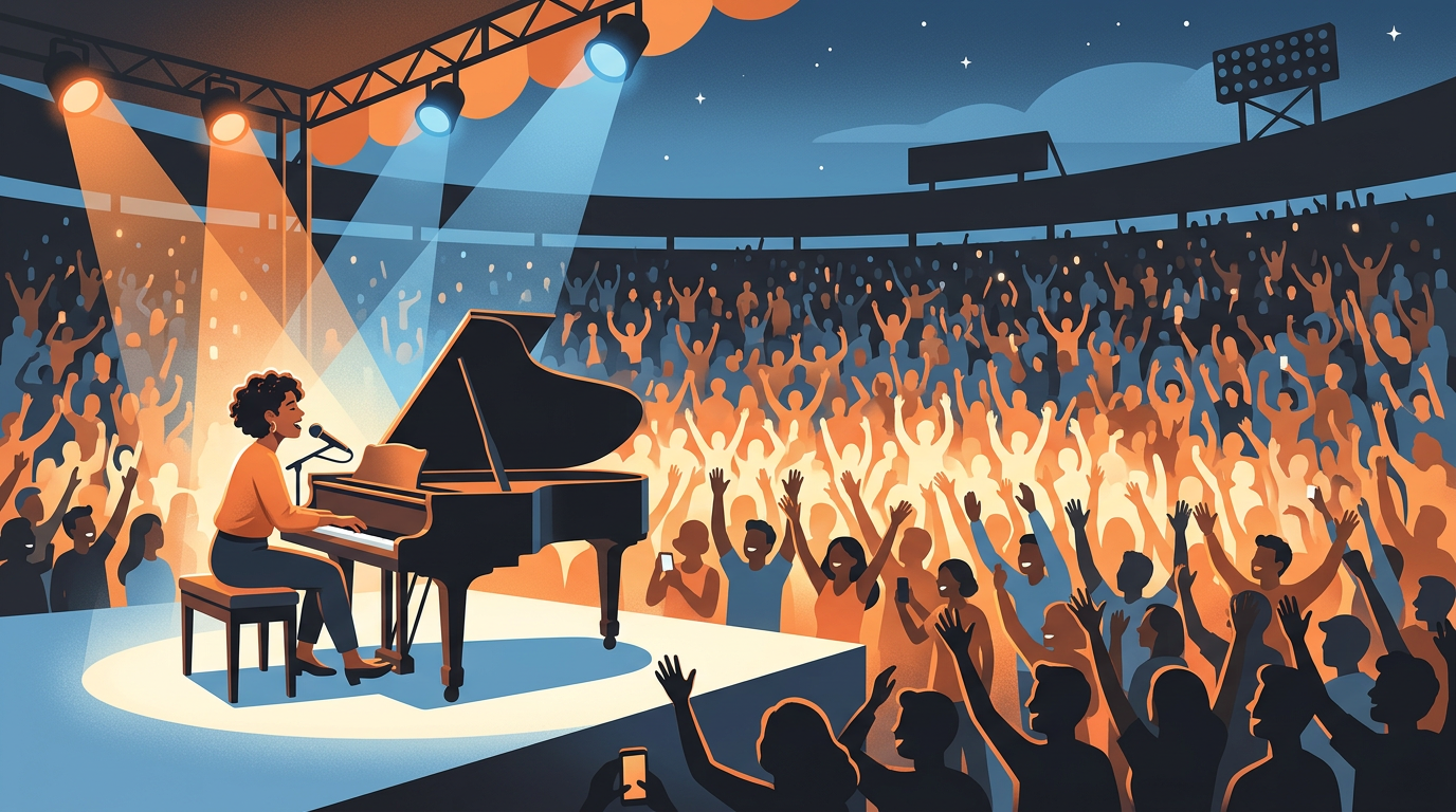 Illustration of a musician at a grand piano on stage performing in front of a giant stadium crowd lit by warm golden concert lights.