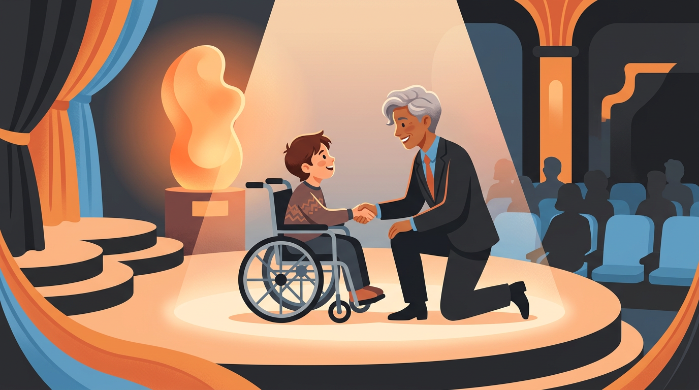 Digital illustration of Mister Rogers warmly embracing Jeff Erlanger on stage during an award ceremony.